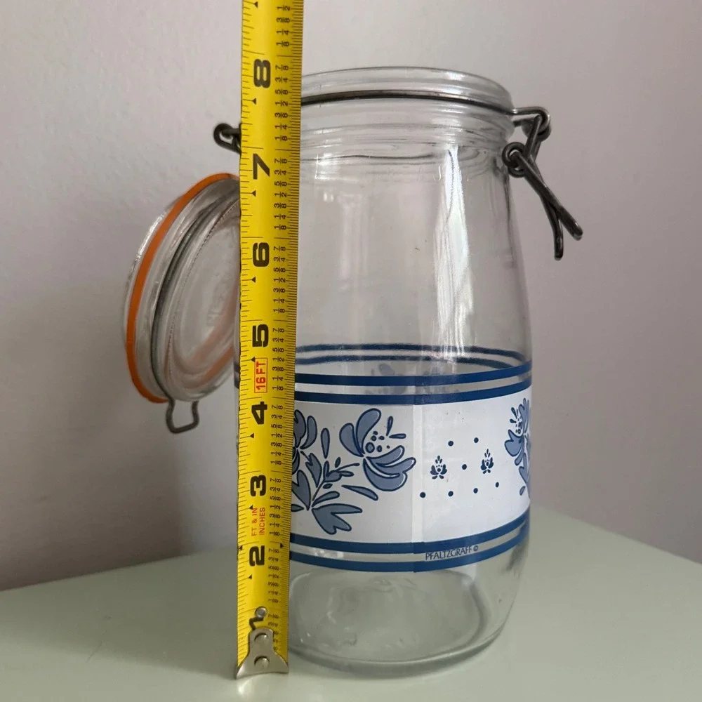 Pfaltzgraff Yorktowne Glass Canister Jar Blue Floral Wire Bale Lid Vintage 8in